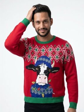 🎄|•HOLIDAY TIME•| Adorable ‘Ugly’ Cow Blue Hat Necklace Sweater Unisex